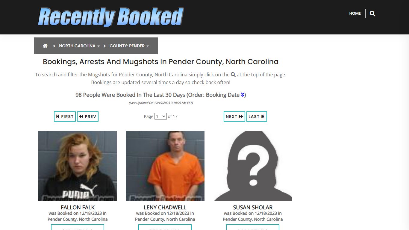 Bookings, Arrests and Mugshots in Pender County, North Carolina